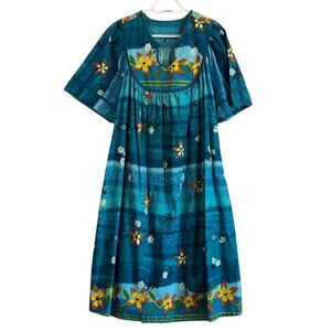Vintage Boho Floral Caftan Dress Multicolor Cotton Short Sleeve XL w/Pockets